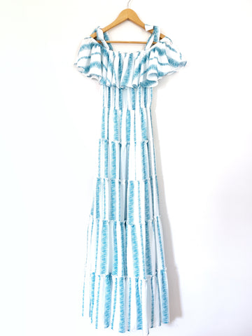 L’atiste Blue & White Off the Shoulder Tie Dress with Ruffles NWT- Size S