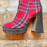 Betsey Johnson Red Plaid with Rhinestone Detail Valeria Tall Platform Boots- Size 7 (Brand New Condition, sold out online)
