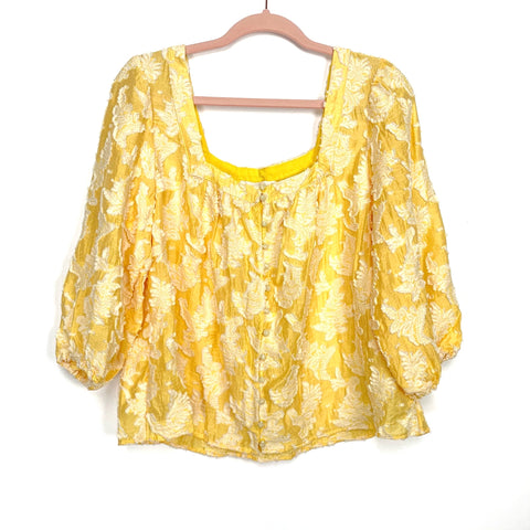 Anthropologie Yellow and White Printed Square Neck Button Up Top- Size S