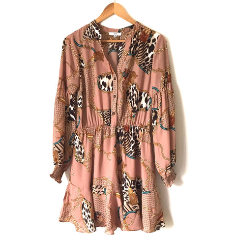 FATE Animal and Chain Print Long Sleeve Elastic Waist Button Front Dress- Size M