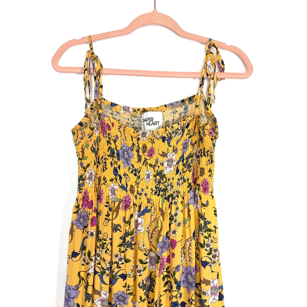 rectangular body type dress Paper Heart Yellow Floral Smocked Bodice Shoulder Tie Dress- Size 14 – The  Saved Collection
