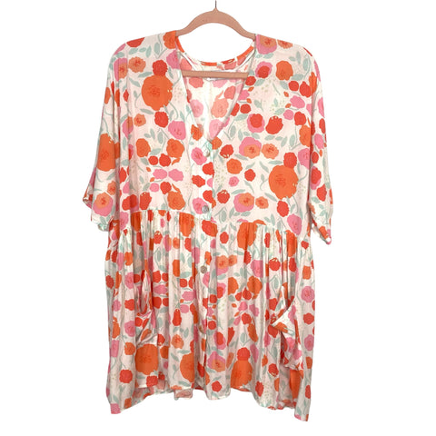 Petal + Pup Orange and Pink Floral Button Up Dress- Size S/M