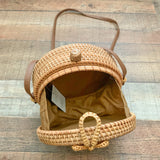 No Brand Round Rattan Leather Strap Bow Closure Crossbody Bag NWT