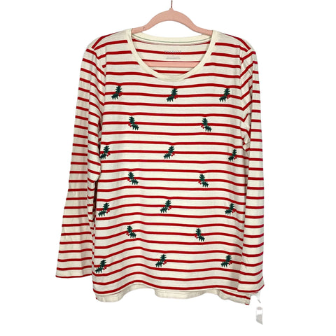 Talbots Cream/Red Stripe Embroidered Holly Top NWT- Size L