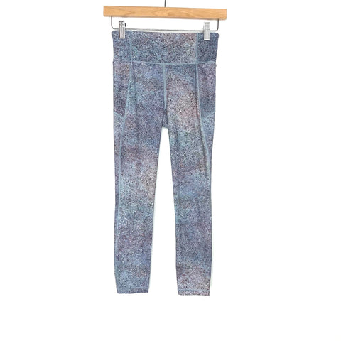 Lululemon Light Blue With Purple/White Speckle Capri Leggings With Side Pockets & Zipper On Back Waistband- Size 4 (Inseam 21")