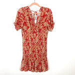 Vestique Pink & Red Floral Smocked V-Neck Back Tie Dress- Size M