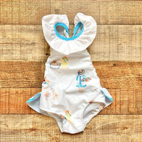 Sal & Pimenta White and Blue Polka Dot Little Girl/Dog Print Ruffle Swimsuit- Size 12M