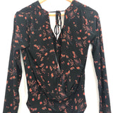 BCBGeneration Black Floral Deep V Open Tie Back Bodysuit- Size XS