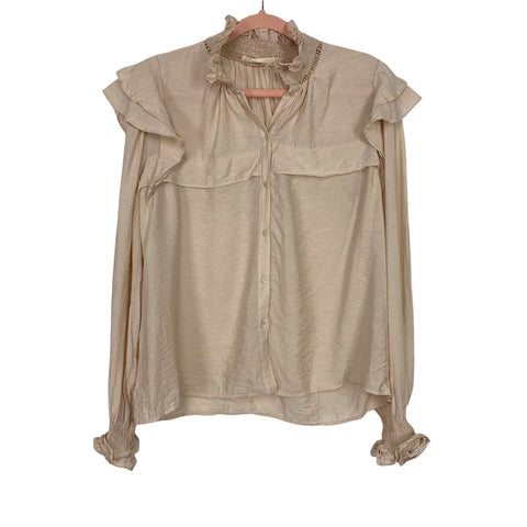 La' Ven Tan Ruffle Sleeve Button Up Blouse- Size M