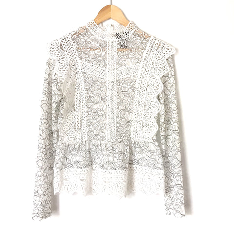 Vici White and Black Crochet & Lace Long Sleeve Mock Neck Blouse- Size S