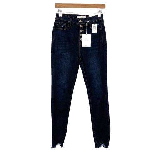 KanCan Dark Wash High Rise Super Skinny Raw Hem Button Fly Jeans NWT- Size 7/27 (Inseam 28”)