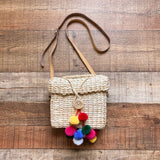 No Brand Straw with Colorful Pom Poms Cross Body Bag with Detachable Strap