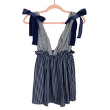 TCEC Navy/Ivory Striped with Velvet Bows at Shoulder Deep V Peplum Tank- Size S