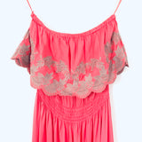 Line & Dot Off the Shoulder Ruffle Maxi with Embroidered Detail- Size XS