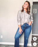 J Crew Black and White Striped Pattern Ruffle Collar Top- Size L