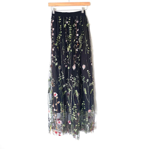 Chicwish Floral Embroidered Black High Waisted Maxi Skirt- Size S