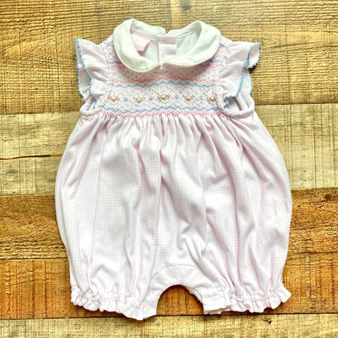 Petit Bebe Pink Flower Gingham Smocked Rose Bubble- Size 6M