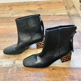 Let's See Style Black Booties with Animal Print Block Heel- Size ~7 (see notes, BRAND NEW CONDITION)
