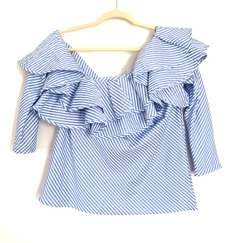 Chicwish Blue & White Stripe Off One Shoulder Ruffle Blouse- Size M