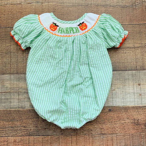 Poppy Kids Co White/Green Striped Pumpkin "Harper" Bubble Romper- Size 3M