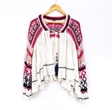 Free People Cream Open Knit Cardigan with Pink and Blue Sleeves- Size XS