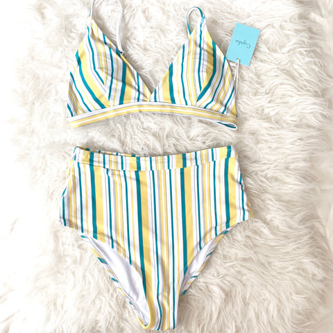 Cupshe Yellow Stripe High Waisted Two Piece Swimsuit NWT- Size S