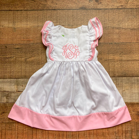 Classic Whimsy White Corduroy with Ruffled Sleeves Monogrammed "RSE" Dress- Size 24M