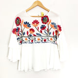 Renee C White Embroidered Floral 3/4 Ruffle Sleeve Blouse- Size S