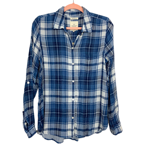 American Eagle Blue/White Boyfriend Fit Flannel Top NWT- Size S