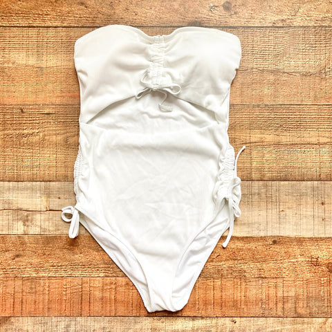 Aerie White Ribbed Front Cut Out with Cinched Bow Details Strapless Padded One Piece- Size L