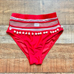 Stylish Swimwear Red High Waisted Mesh and Pom Trim Bikini Bottoms- Size S
