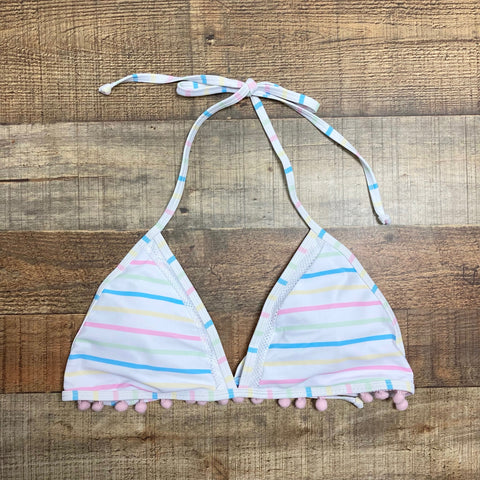 Pink Lily White with Pastel Stripes Mesh and Poms Padded Triangle Bikini Top- Size L (we have matching bottoms)