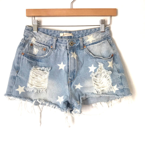 Vestique Light Wash Star Print Distressed Denim Shorts- Size S (see notes)