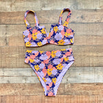 Aerie Navy with Purple/Yellow/Pink Floral Bikini Bottoms- Size L (we have matching top)