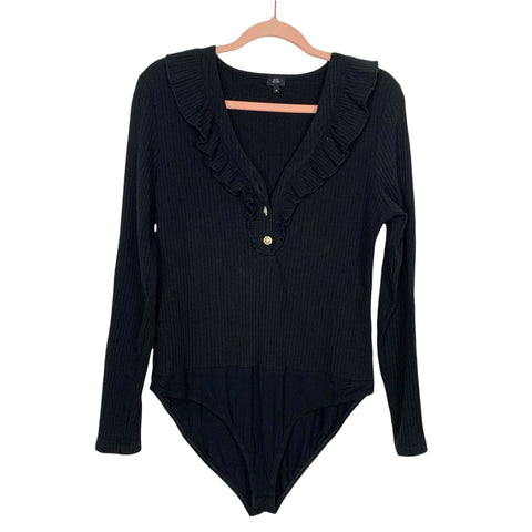 River Island Black Ribbed Ruffle Neck Pearl/Rhinestone Button Bodysuit- Size 16