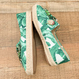 Chinese Laundry White And Palm Print With Gem Design And Pearl Lady Bug Espadrille- Size 7 Like New