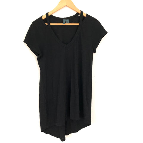 Left of Center Anthro Black Shoulder Cut Out Top with Longer Back- Size XS