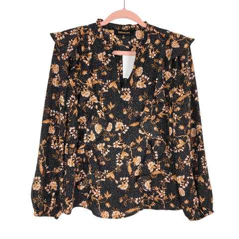 Sugarlips Black/White Polka Dots with Caramel Floral Pattern Ruffle Cyrus Top NWT- Size XS