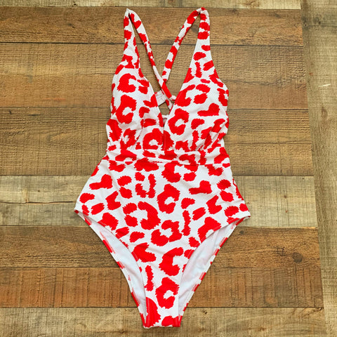 Cupshe White & Red Animal Print Plunge Neck and Tie Back One Piece Swimsuit NWT- Size M