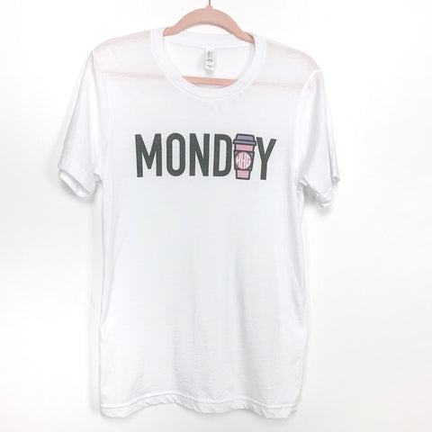 Bella + Canvas White "Monday" Monogramed Coffee Cup T-Shirt- Size S