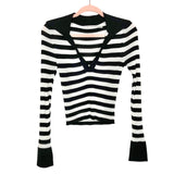 Alice + Olivia Black/White Striped Ribbed Knit V-Neck Collared Top- Size XS