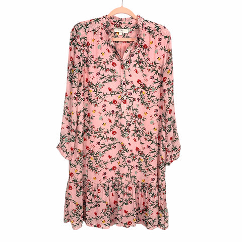 LOFT Pink Floral Drop Waist Ruffle Hem Dress- Size L