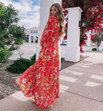 Flying Tomato Red Floral Sheer Sleeve Belted Maxi Dress- Size S