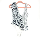 No Brand White and Black Polka Dot Ruffle and Tie Strap Thong Bodysuit- Size S