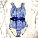 Cabana Life Blue Printed Deep V Belted Built In Bra One Piece- Size L