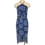 Vici Navy with Blue Lace Overlay and See Through Waist Detail Hi-Lo Halter Dress- Size ~S (see notes)