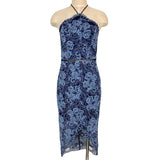 Vici Navy with Blue Lace Overlay and See Through Waist Detail Hi-Lo Halter Dress- Size ~S (see notes)