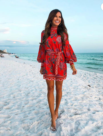 Flying Tomato Red Floral Dress with Smocked Sleeves and Mock Neck- Siz –  The Saved Collection