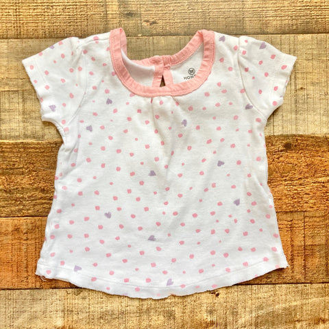 Honest White with Pink Dots and Purple Hearts Shirred Raw Hem Tee- Size 3-6M