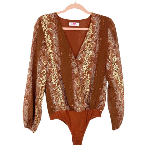 Buddy Love Brown and Gold Metallic Front Snap Surplice Bodysuit- Size S